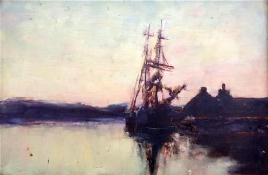 Attributed to Sir Alfred East (1849-1913) Ship docked at sunset 6.5 x 9.5in.